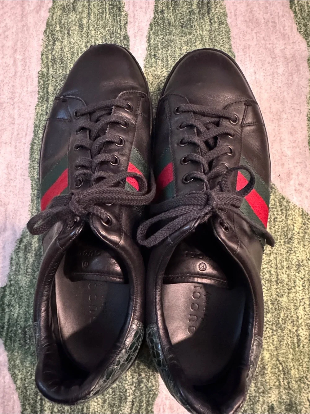 Gucci Black Leather Sneakers with Green and Red Web Stripe